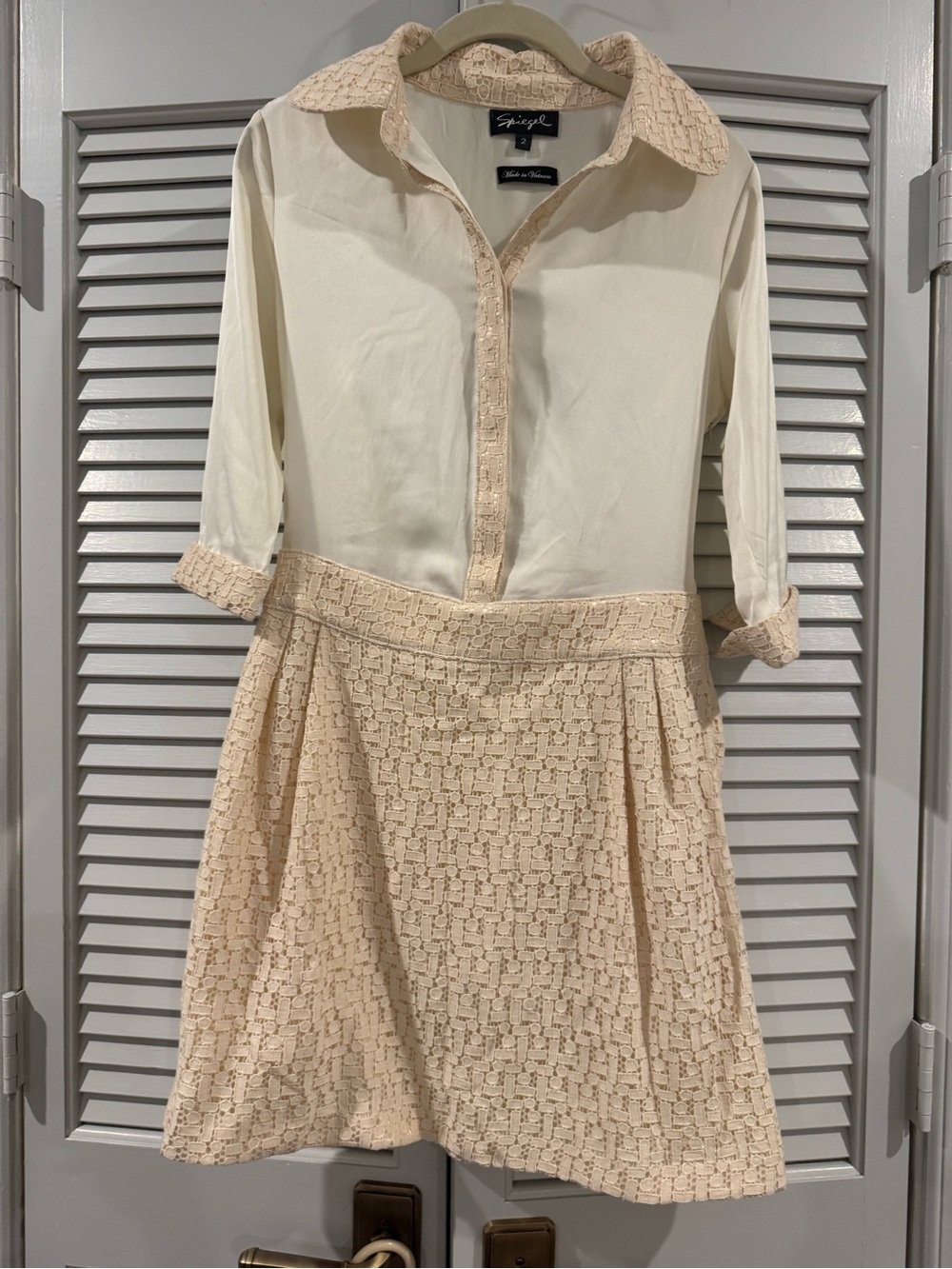 Spiegel Cream Lace-Trim Collared Shirt Dress